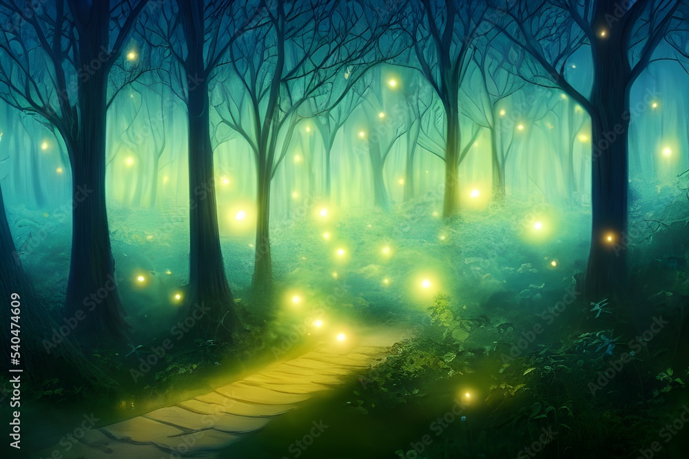 Fantasy forest with fireflies, magic orbs and more. Stock Illustration ...