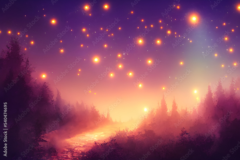 Naklejka premium Fantasy forest with fireflies, magic orbs and more.