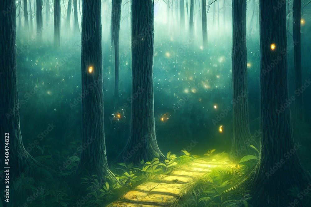 Fototapeta premium Fantasy forest with fireflies, magic orbs and more.
