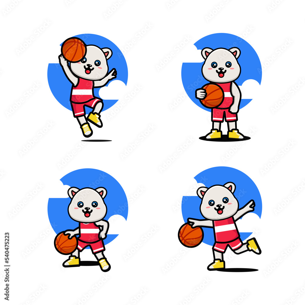 Set of happy cute polar playing basketball