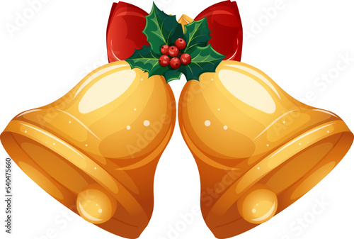 Two golden bells with a red bow and mistletoe, Christmas bells