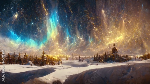 Magical golden blue shiny lights Aurora Borealis (The Northern Lights) over the snow covered landscape 