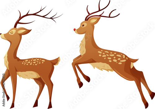 Deer set, jumping and standing Christmas deer in cartoon style isolated