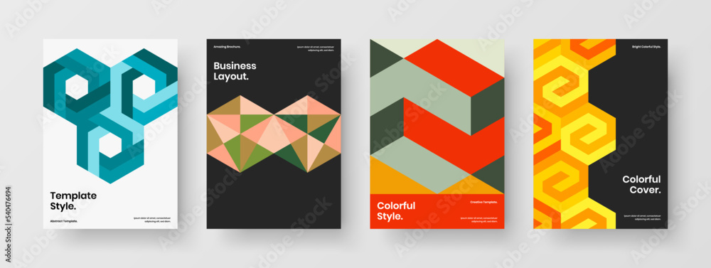Simple geometric hexagons flyer template composition. Unique catalog cover A4 design vector illustration set.