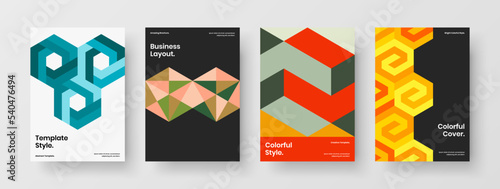 Simple geometric hexagons flyer template composition. Unique catalog cover A4 design vector illustration set.