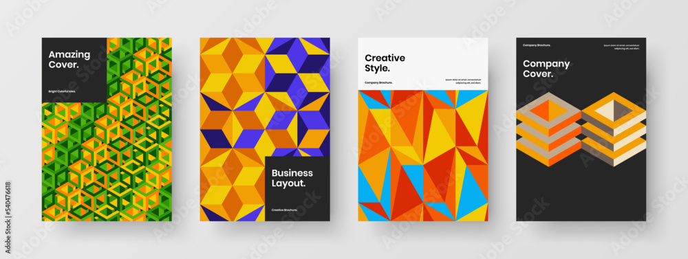 Fototapeta premium Unique mosaic hexagons pamphlet layout collection. Minimalistic catalog cover design vector concept composition.