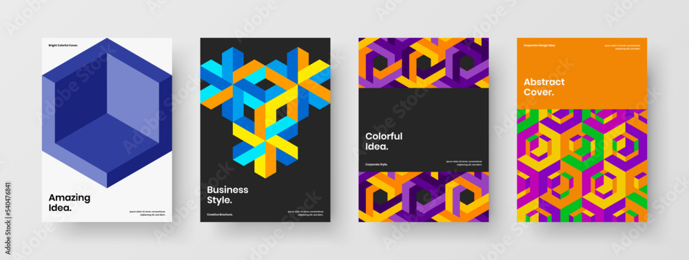 Clean annual report A4 vector design concept collection. Bright geometric pattern leaflet layout set.