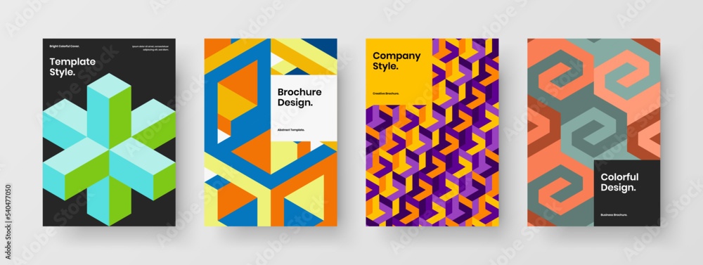 Simple brochure design vector concept set. Bright mosaic hexagons company cover illustration collection.