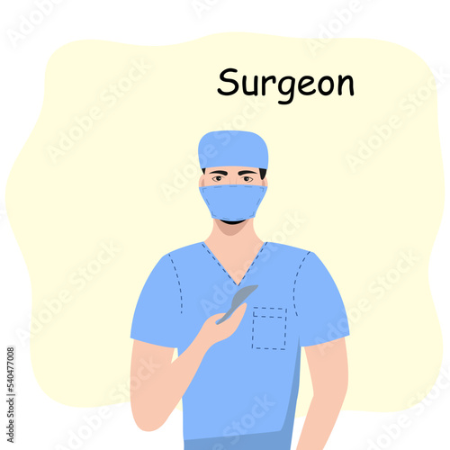 A surgeon in a cap, mask and with a scalpel in his hand. Vector illustration