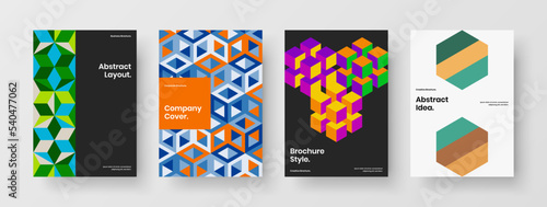 Colorful company brochure vector design concept collection. Bright mosaic tiles journal cover illustration composition.