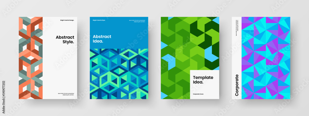 Premium journal cover vector design concept collection. Vivid geometric shapes front page illustration set.
