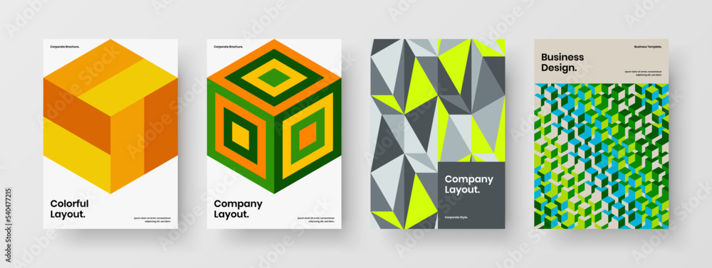 Multicolored geometric pattern corporate identity illustration bundle. Trendy brochure design vector concept composition.
