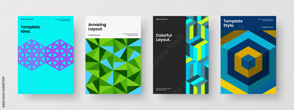 Creative geometric hexagons corporate brochure template collection. Vivid banner A4 design vector layout set.