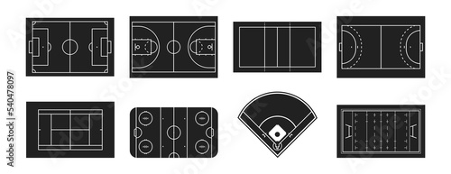 Sport field set. Football, Basketball, Tennis, Handball, Hockey, Volleyball, Baseball, Rugby field. Vector EPS 10