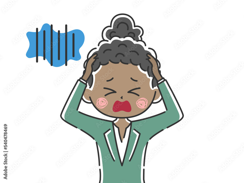 頭を抱えて悩む、黒人ビジネスウーマンのイラスト