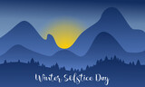 Winter solstice lettering. Elements for invitations, posters, greeting cards
Winter solstice day in December the 21. Greeting card design template. The dark sky with sunset or sunrise