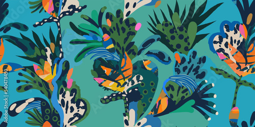 Modern exotic artistic floral jungle pattern. Collage contemporary seamless pattern. Hand drawn cartoon style pattern.