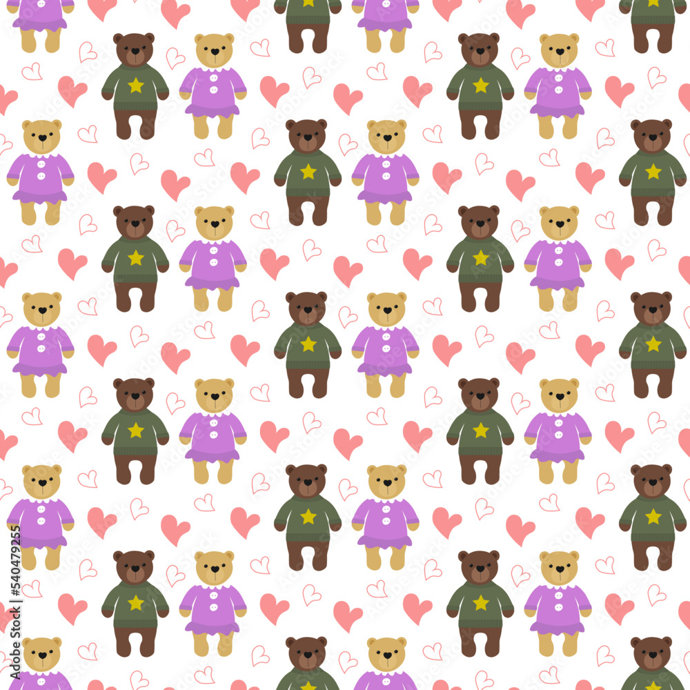 Obraz premium Bear and she-bear. Pattern seamless with teddy and hearts. Vector illustration. For holidays, gender parties, invitations, prints and cards, baby room wallpaper, packaging.