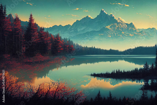 sunrise over the lake and mountain fantasy view digital art illustration