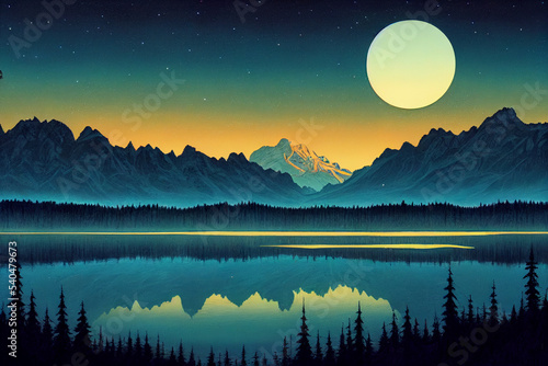 lake trees and mountain at night digital art illustration