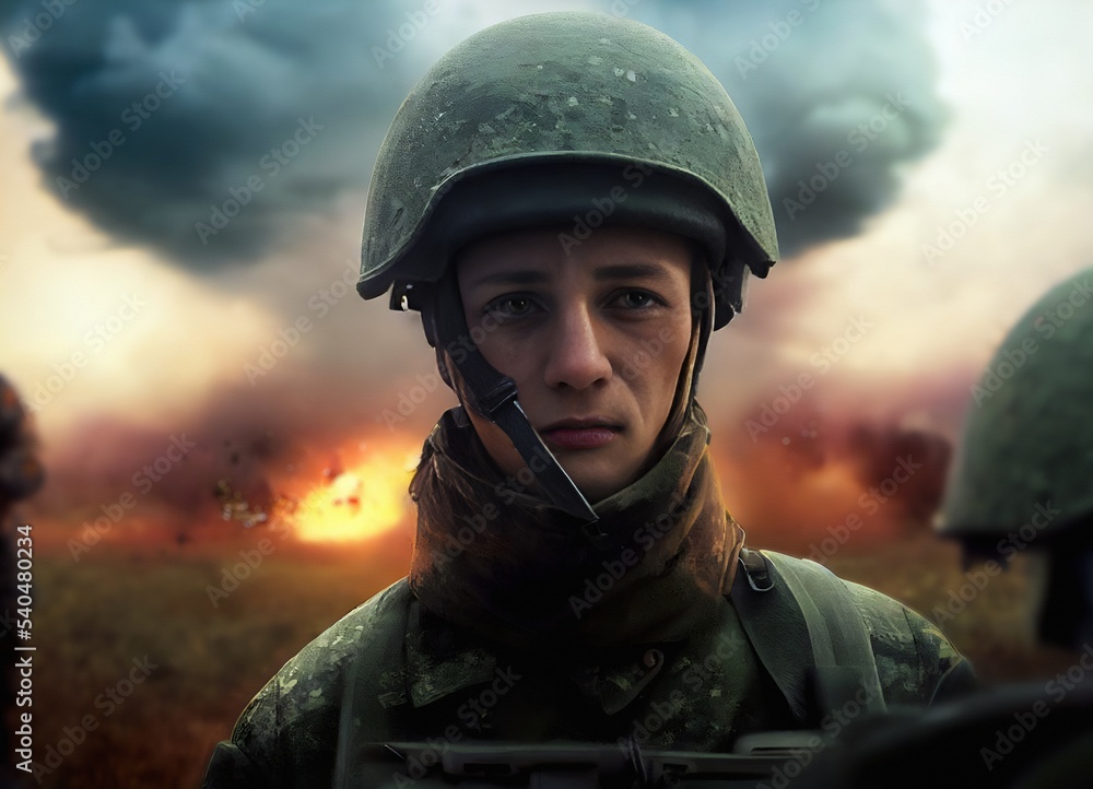 A portrait of a Ukrainian soldier tired of war, a sad look, homesickness. Digital Painting illustration. Fictional character. Ukrainian-Russian War