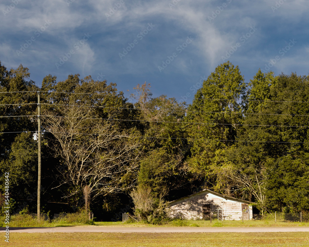 A landscape with trees and an old abandoned building and a soft blue sky