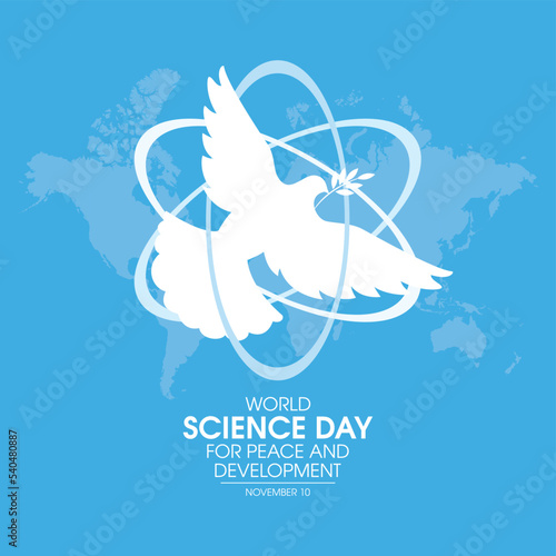 World Science Day for Peace and Development vector. Dove of peace and atom white silhouette icon vector. November 10 every year. Important day