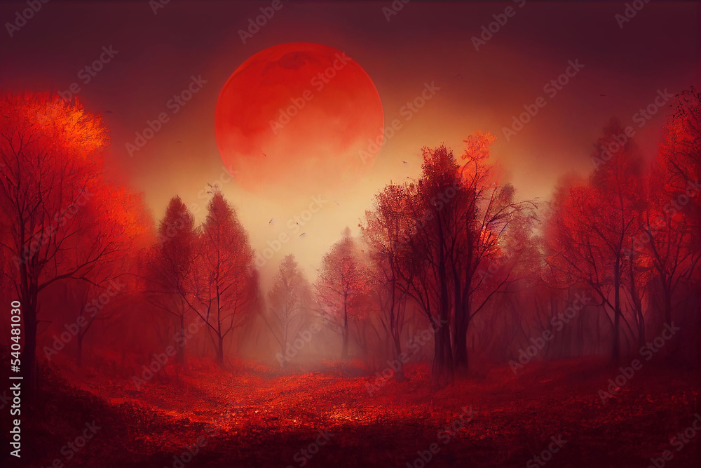Fototapeta premium Autumn fantasy scene in a forest with dark trees blood moon and surreal feeling.