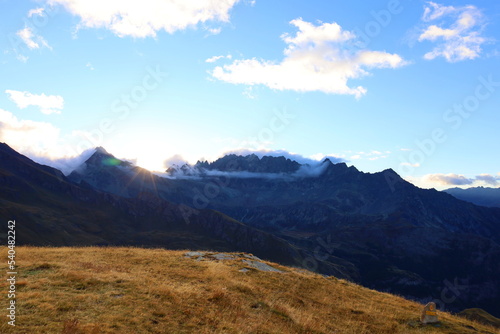 Mountain landscape of long distance hiking trail Tour Des Combins which crosses Switzerland to Italy via Bourg Saint Pierre, Fenetre Durand and Aosta Valley, TDC