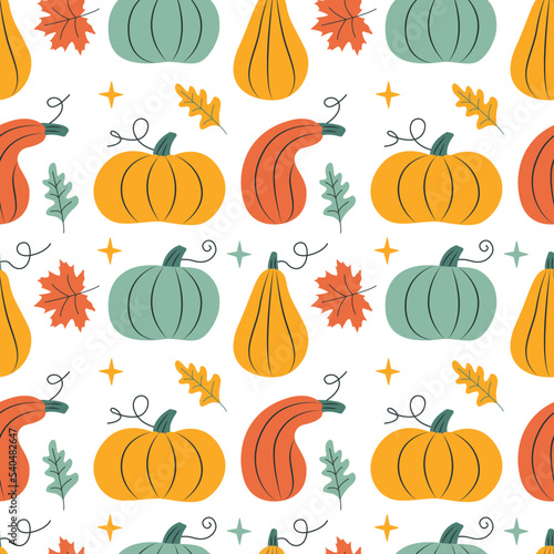 Cute colored pumpkins with autumn leaves. Seamless pattern. Can be used for web page background fill  surface texture