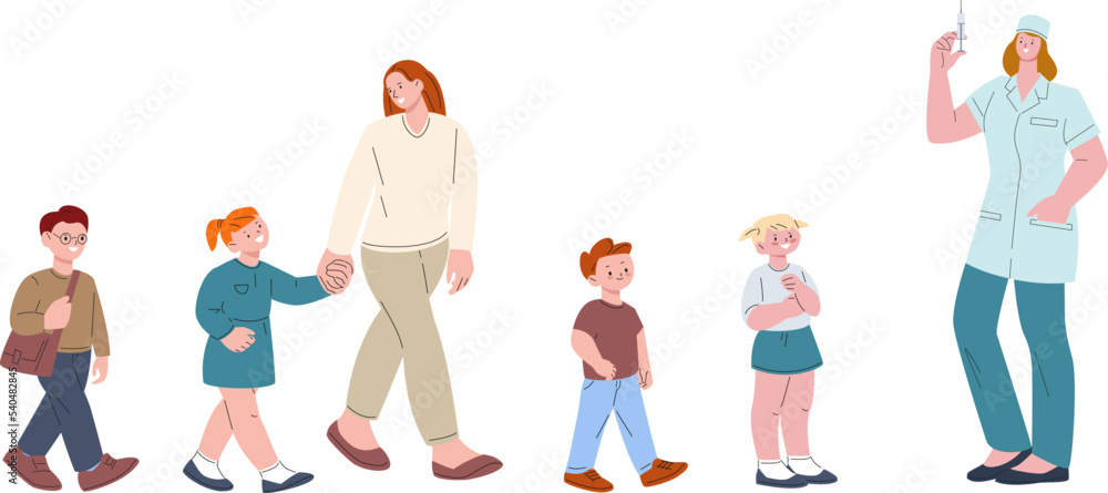 Children vaccination. Little girls and boys waiting vaccine. Queue to nurse, vector happy healthcare characters, kids and parents Children vaccination. Little girls and boys waiting vaccine. Queue to nurse, vector happy healthcare characters, kids and parents