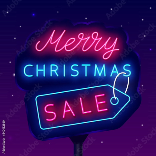 Merry Christmas sale neon billboard. Special offer promotion. Marketing emblem. Vector stock illustration