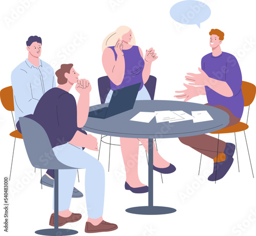 Friends meeting at round desk. Managers conference, morning office time management. People group listen professional man, vector business concept