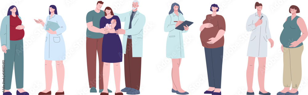 Pregnant women and doctors. Pregnancy female, family with newborn baby and gynecologist. Gynecology, check up health future mother vector flat characters Pregnant women and doctors. Pregnancy female, family with newborn baby and gynecologist. Gynecology, check up health future mother vector flat characters