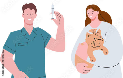 Pets vaccination veterinarian service. Vet clinic, veterinar with syringe and girl holding dog. Flat vector pet healthcare concept, animals health support