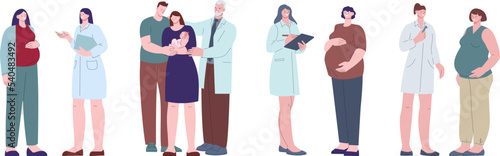 Pregnant women and doctors. Pregnancy female, family with newborn baby and gynecologist. Gynecology, check up health future mother vector flat characters