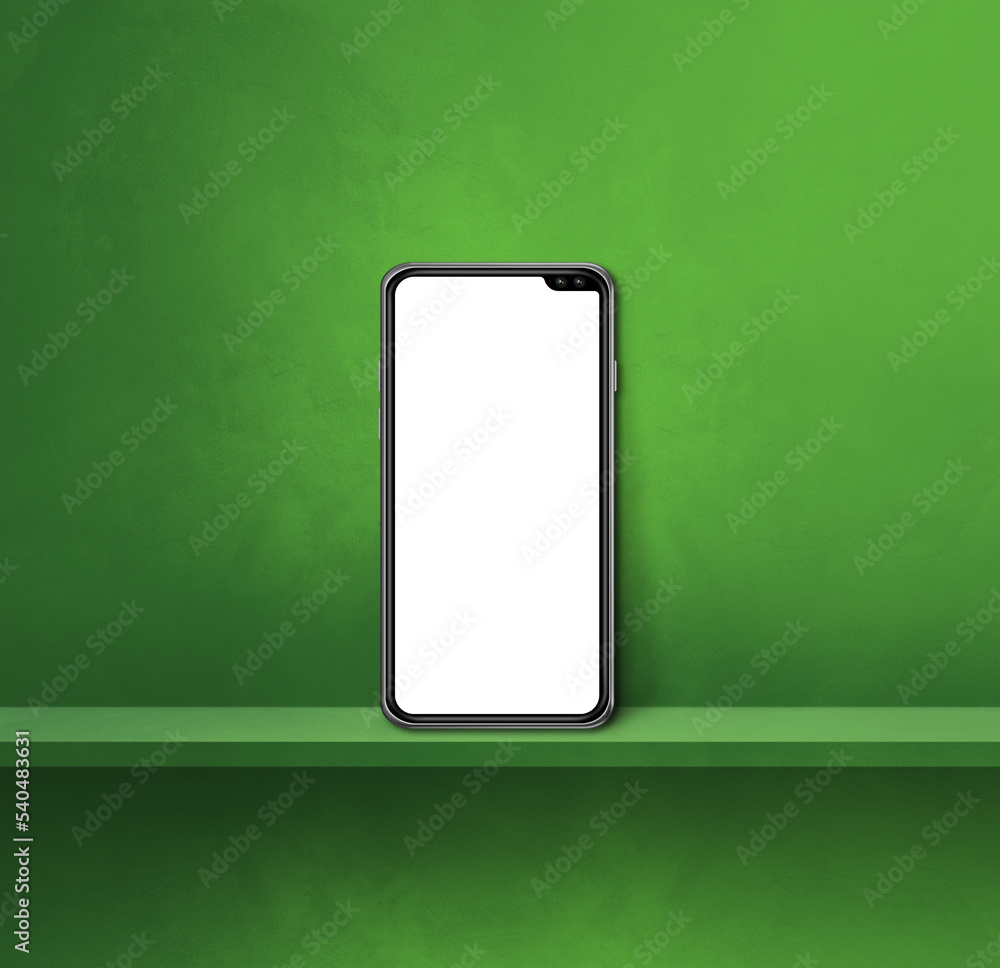 Mobile phone on green wall shelf. Square background Mobile phone on green wall shelf. Square background