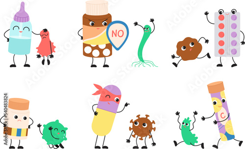 Cartoon pills and viruses scenes. Antibiotics fight with infection  cute medicine characters with shields. Healthy and power  treatment with tablets decent vector set