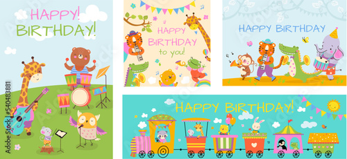Happy birthday cards with cartoon animals. Africa zoo, tiger and giraffe play music and travel with tram. Party childish pets, nowaday vector invitation template