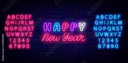 Happy New Year neon poster. Colorful typography. Glowing pink and blue alphabet. Vector stock illustration