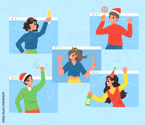 Teens holiday online party. Virtual christmas meet, festive teenagers with fireworks and drinks on group video chat. Cheering celebration snugly vector characters