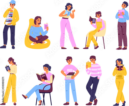 Students college holding books. University book, diversity teens read. Trendy entertainment, teenagers group in library or bookstore, snugly vector characters