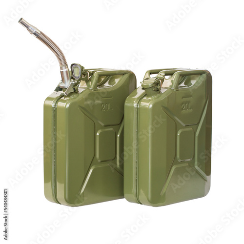 Obraz na plátně Two jerrycans, one with nozzle, one laying on the side, PNG isolated on transpar