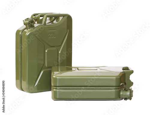 Two jerrycans, one laying on the side, PNG isolated on transparent background photo