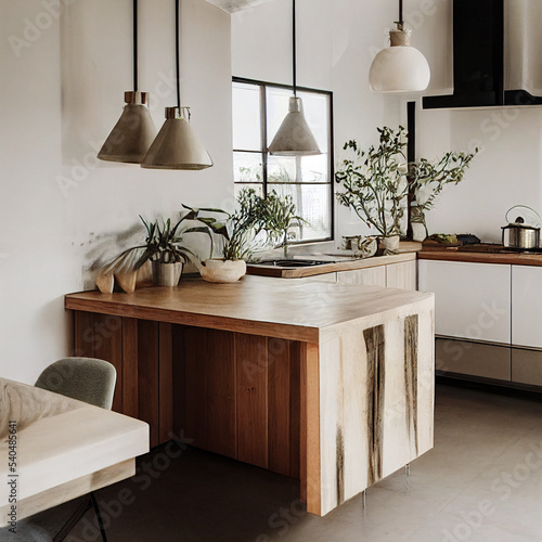 modern kitchen interior with table in natural design with plants © Voila Valerie