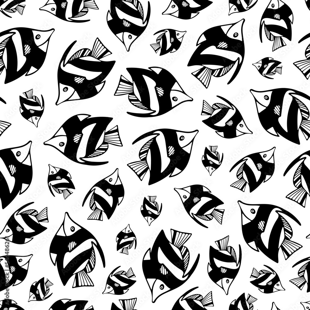 Seamless Pattern with Black Fish on White Background. Repeat Pattern Design for Print, Wallpaper, Wrapping Paper, Cover, Textile. Seamless Pattern with Black Fish on White Background. Repeat Pattern Design for Print, Wallpaper, Wrapping Paper, Cover, Textile.
