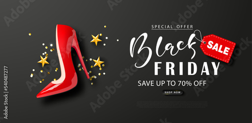 Black Friday sale background with red high-heeled shoe,golden stars and confetti. Modern 3D design.Universal vector background for posters, banners, leaflets, postcards.