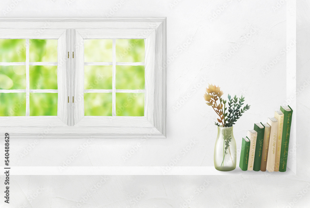 風景背景素材ー部屋（白い壁と窓と本とフラワーアレンジメント）