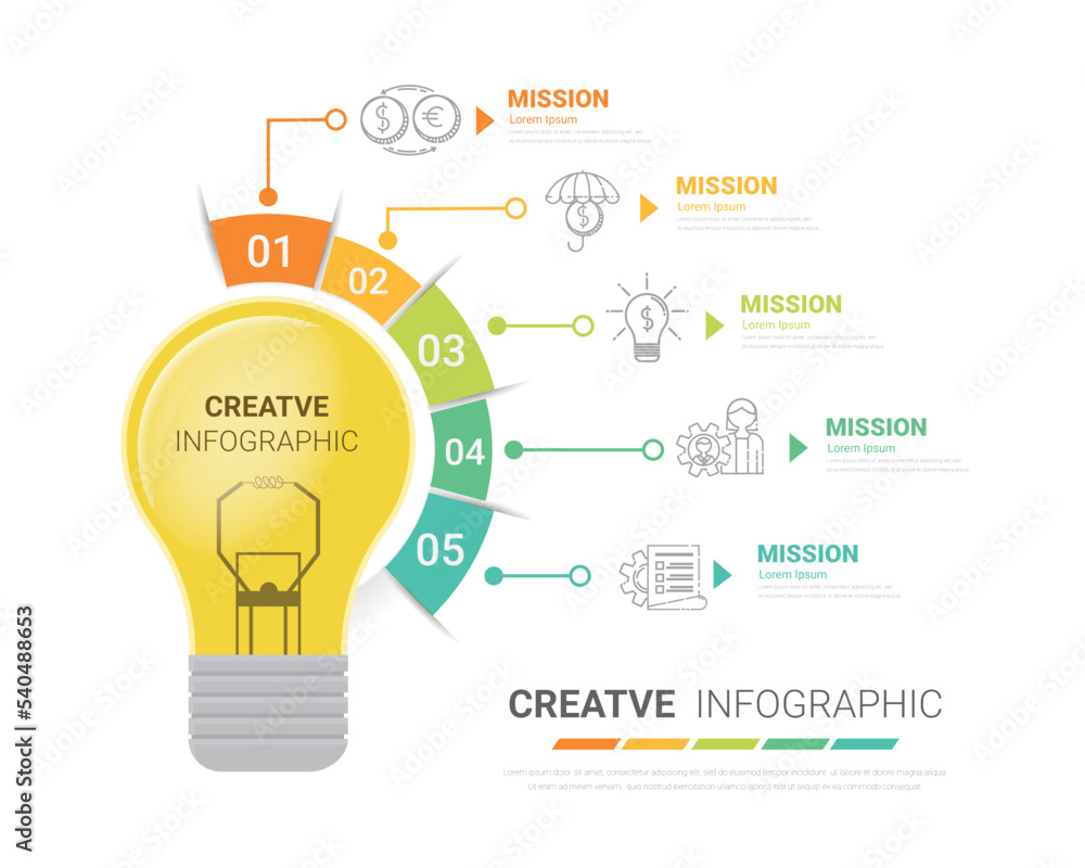 Light bulb vector infographic, charts 5 step, diagrams. Business