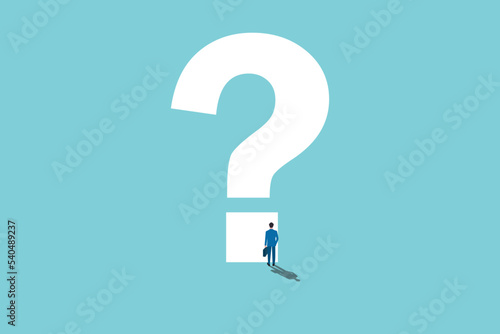 businessman in front of question mark. concept of Business decision and future vector concept. Symbol of uncertainty, challenge, opportunity.
